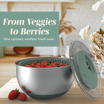Stainless Steel Salad Spinner - 5 Qt. Lettuce Washer And Vegetable Spinner Dryer for Easy Salad Prep - Non Slip Base with Pull Handle - Auto Stop Brake System, Stain and Odor Resistant