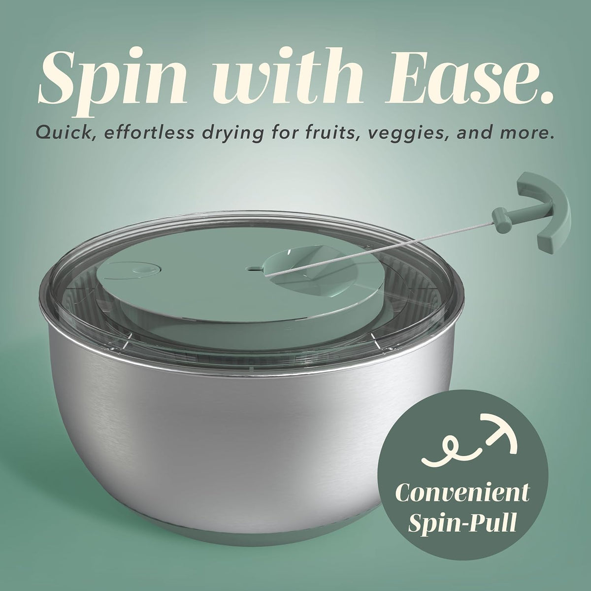 Stainless Steel Salad Spinner - 5 Qt. Lettuce Washer And Vegetable Spinner Dryer for Easy Salad Prep - Non Slip Base with Pull Handle - Auto Stop Brake System, Stain and Odor Resistant