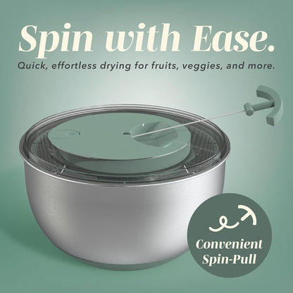Stainless Steel Salad Spinner - 5 Qt. Lettuce Washer And Vegetable Spinner Dryer for Easy Salad Prep - Non Slip Base with Pull Handle - Auto Stop Brake System, Stain and Odor Resistant