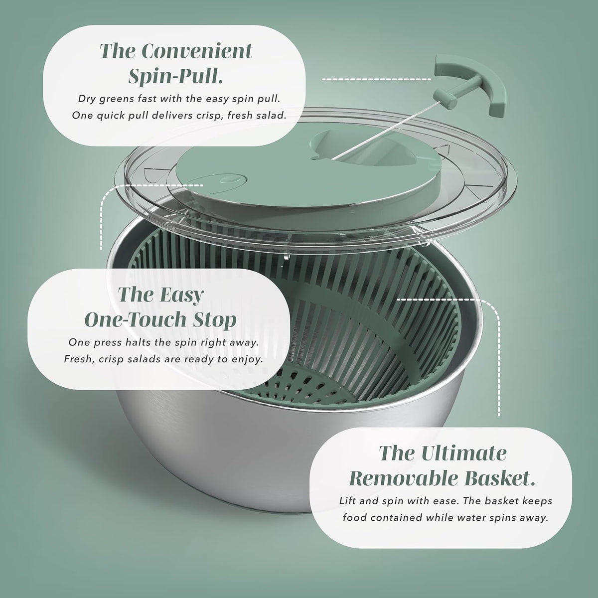Stainless Steel Salad Spinner - 5 Qt. Lettuce Washer And Vegetable Spinner Dryer for Easy Salad Prep - Non Slip Base with Pull Handle - Auto Stop Brake System, Stain and Odor Resistant