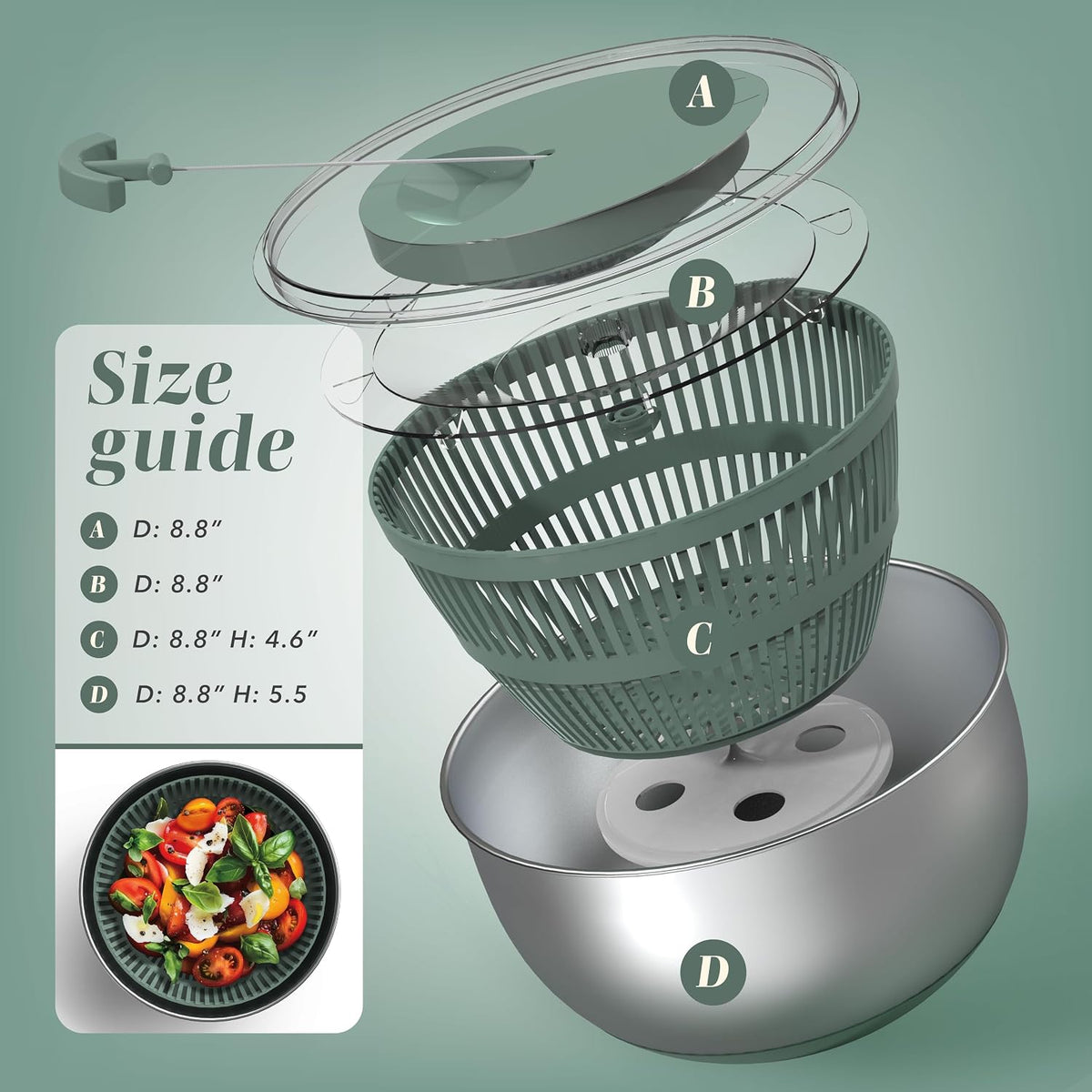 Stainless Steel Salad Spinner - 5 Qt. Lettuce Washer And Vegetable Spinner Dryer for Easy Salad Prep - Non Slip Base with Pull Handle - Auto Stop Brake System, Stain and Odor Resistant