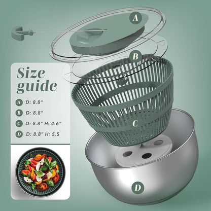 Stainless Steel Salad Spinner - 5 Qt. Lettuce Washer And Vegetable Spinner Dryer for Easy Salad Prep - Non Slip Base with Pull Handle - Auto Stop Brake System, Stain and Odor Resistant