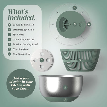 Stainless Steel Salad Spinner - 5 Qt. Lettuce Washer And Vegetable Spinner Dryer for Easy Salad Prep - Non Slip Base with Pull Handle - Auto Stop Brake System, Stain and Odor Resistant