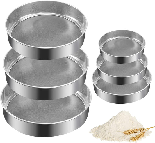 6 Pieces Stainless Steel Flour Sifter, Round Flour Sifter 40 Mesh, Premium Rustproof Flour Sieve Fine Mesh for Baking Cake Bread Pies Pastries Cupcakes（Different sizes）