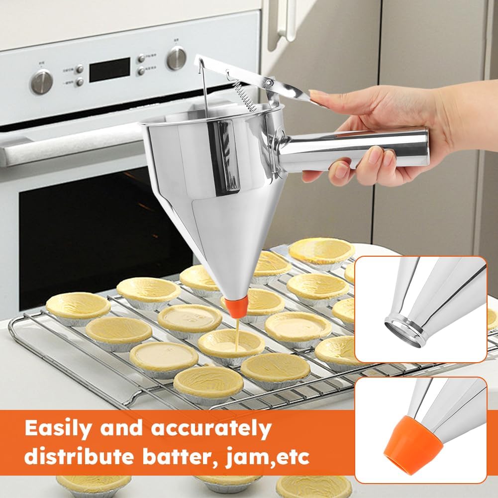 Cake Batter Dispenser, Stainless Steel Funnel Cake Dispenser with 4 Silicone Nozzles with Stand Baking Tool for Pancakes Cupcakes Muffins Crepes Waffles(20oz,600ml)