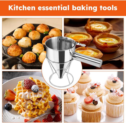 Cake Batter Dispenser, Stainless Steel Funnel Cake Dispenser with 4 Silicone Nozzles with Stand Baking Tool for Pancakes Cupcakes Muffins Crepes Waffles(20oz,600ml)