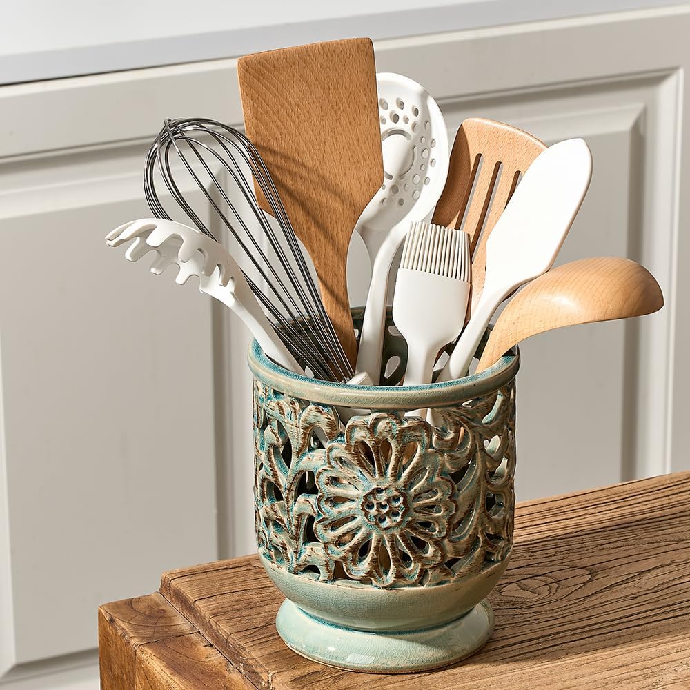 Farmhouse Kitchen Utensil Holder for Countertop, Ceramic Large Cooking Utensil Crock with Cork Mat, Decorative Rustic Utensil Holder for Kitchen Counter, Hollow Carving Flower, Blue