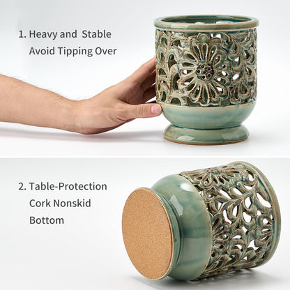 Farmhouse Kitchen Utensil Holder for Countertop, Ceramic Large Cooking Utensil Crock with Cork Mat, Decorative Rustic Utensil Holder for Kitchen Counter, Hollow Carving Flower, Blue