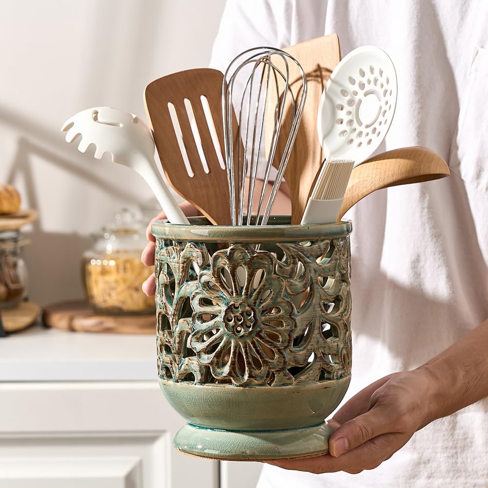 Farmhouse Kitchen Utensil Holder for Countertop, Ceramic Large Cooking Utensil Crock with Cork Mat, Decorative Rustic Utensil Holder for Kitchen Counter, Hollow Carving Flower, Blue