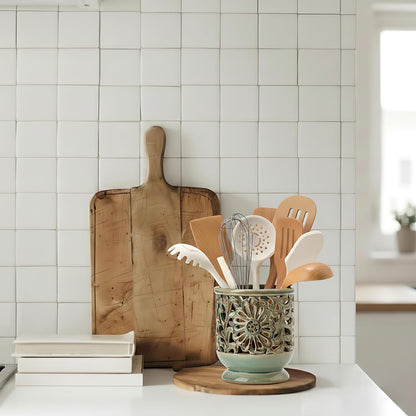 Farmhouse Kitchen Utensil Holder for Countertop, Ceramic Large Cooking Utensil Crock with Cork Mat, Decorative Rustic Utensil Holder for Kitchen Counter, Hollow Carving Flower, Blue