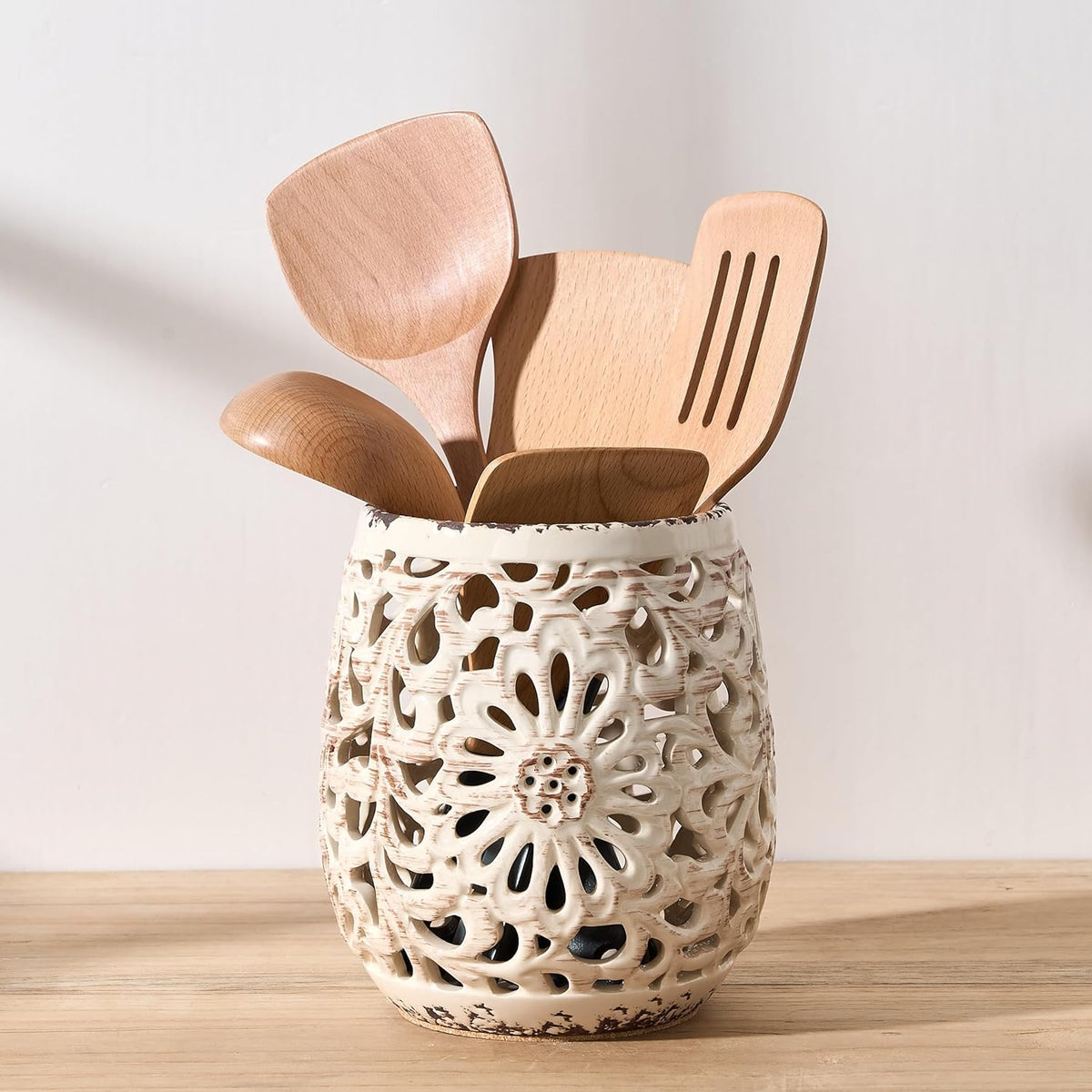 Farmhouse Kitchen Utensil Holder for Countertop, Ceramic Large Cooking Utensil Crock with Cork Mat, Decorative Rustic Utensil Holder for Kitchen Counter, Hollow Carving Flower, Blue