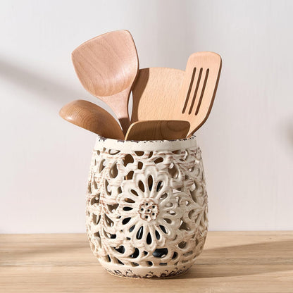 Farmhouse Kitchen Utensil Holder for Countertop, Ceramic Large Cooking Utensil Crock with Cork Mat, Decorative Rustic Utensil Holder for Kitchen Counter, Hollow Carving Flower, Blue