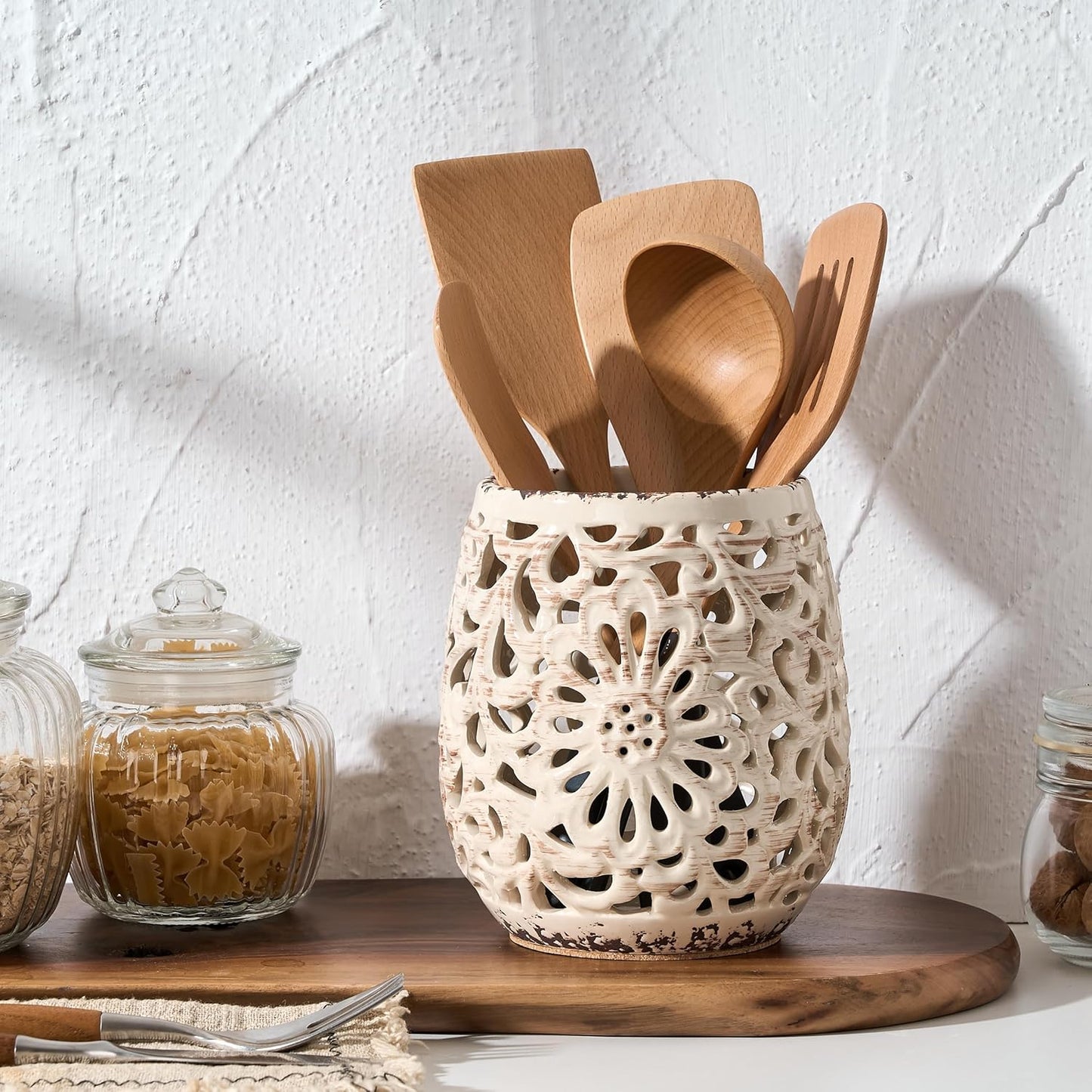 Farmhouse Kitchen Utensil Holder for Countertop, Ceramic Large Cooking Utensil Crock with Cork Mat, Decorative Rustic Utensil Holder for Kitchen Counter, Hollow Carving Flower, Blue