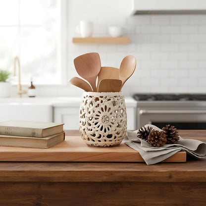 Farmhouse Kitchen Utensil Holder for Countertop, Ceramic Large Cooking Utensil Crock with Cork Mat, Decorative Rustic Utensil Holder for Kitchen Counter, Hollow Carving Flower, Blue
