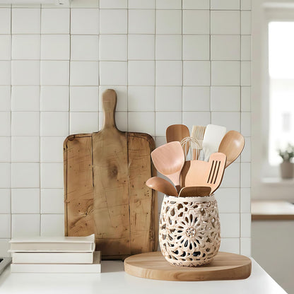 Farmhouse Kitchen Utensil Holder for Countertop, Ceramic Large Cooking Utensil Crock with Cork Mat, Decorative Rustic Utensil Holder for Kitchen Counter, Hollow Carving Flower, Blue