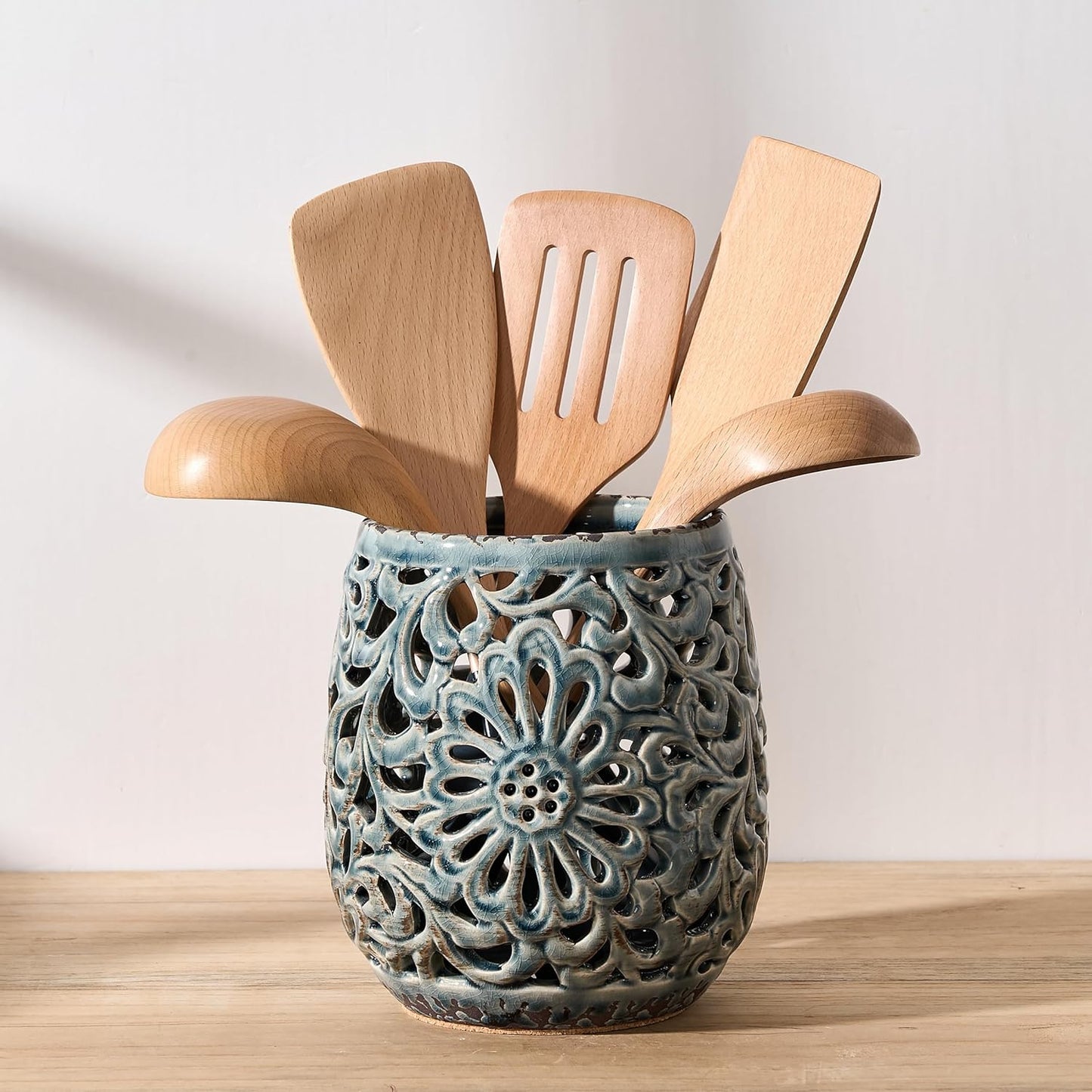 Farmhouse Kitchen Utensil Holder for Countertop, Ceramic Large Cooking Utensil Crock with Cork Mat, Decorative Rustic Utensil Holder for Kitchen Counter, Hollow Carving Flower, Blue