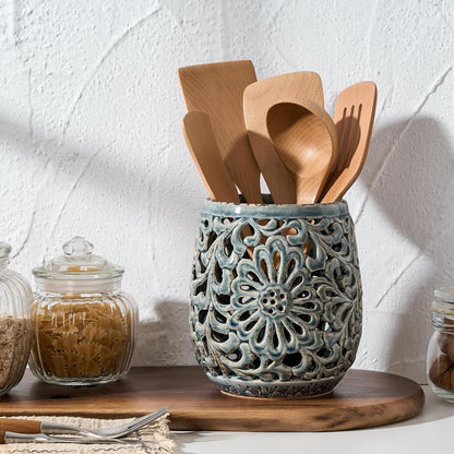 Farmhouse Kitchen Utensil Holder for Countertop, Ceramic Large Cooking Utensil Crock with Cork Mat, Decorative Rustic Utensil Holder for Kitchen Counter, Hollow Carving Flower, Blue