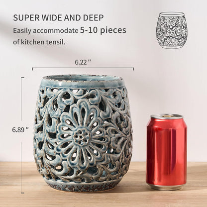 Farmhouse Kitchen Utensil Holder for Countertop, Ceramic Large Cooking Utensil Crock with Cork Mat, Decorative Rustic Utensil Holder for Kitchen Counter, Hollow Carving Flower, Blue