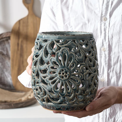 Farmhouse Kitchen Utensil Holder for Countertop, Ceramic Large Cooking Utensil Crock with Cork Mat, Decorative Rustic Utensil Holder for Kitchen Counter, Hollow Carving Flower, Blue