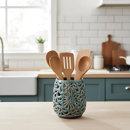 Farmhouse Kitchen Utensil Holder for Countertop, Ceramic Large Cooking Utensil Crock with Cork Mat, Decorative Rustic Utensil Holder for Kitchen Counter, Hollow Carving Flower, Blue