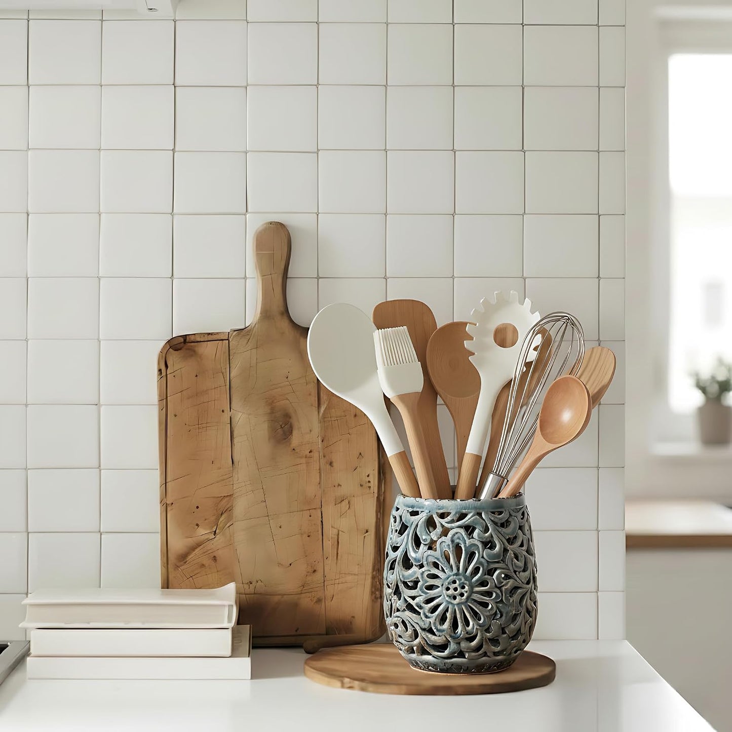 Farmhouse Kitchen Utensil Holder for Countertop, Ceramic Large Cooking Utensil Crock with Cork Mat, Decorative Rustic Utensil Holder for Kitchen Counter, Hollow Carving Flower, Blue