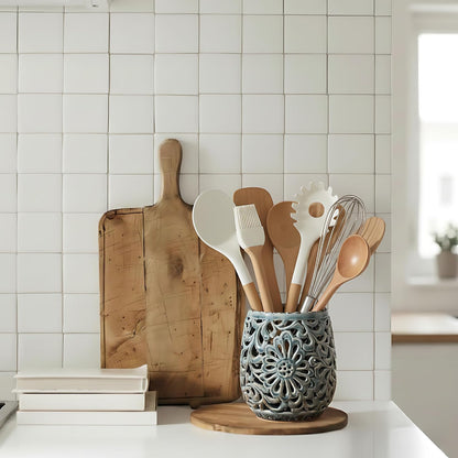 Farmhouse Kitchen Utensil Holder for Countertop, Ceramic Large Cooking Utensil Crock with Cork Mat, Decorative Rustic Utensil Holder for Kitchen Counter, Hollow Carving Flower, Blue