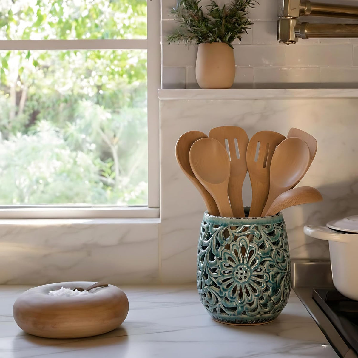 Farmhouse Kitchen Utensil Holder for Countertop, Ceramic Large Cooking Utensil Crock with Cork Mat, Decorative Rustic Utensil Holder for Kitchen Counter, Hollow Carving Flower, Blue