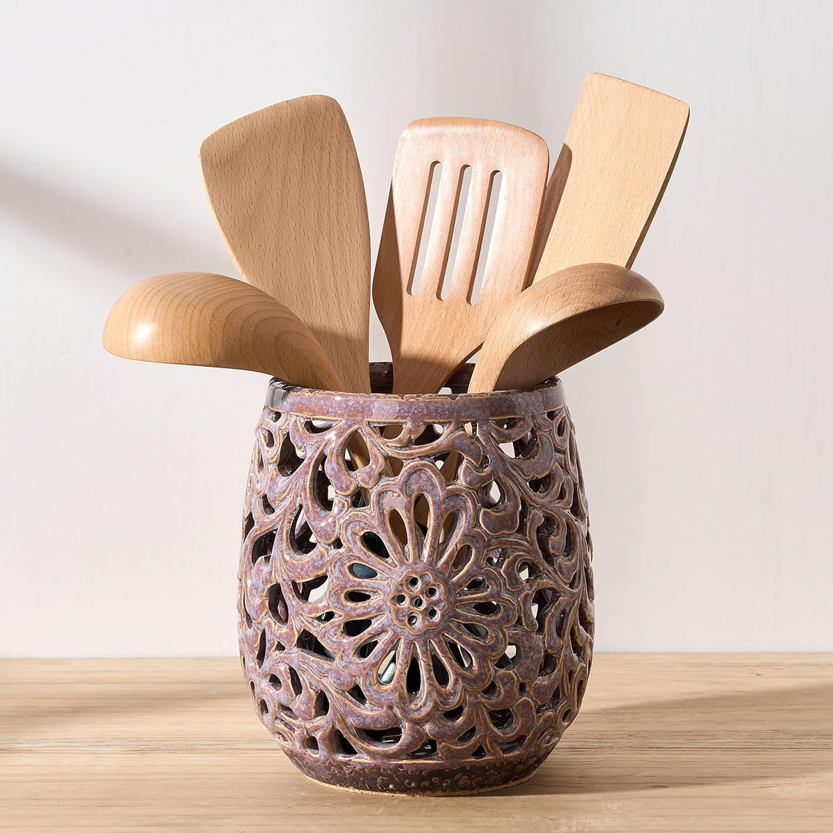 Farmhouse Kitchen Utensil Holder for Countertop, Ceramic Large Cooking Utensil Crock with Cork Mat, Decorative Rustic Utensil Holder for Kitchen Counter, Hollow Carving Flower, Blue