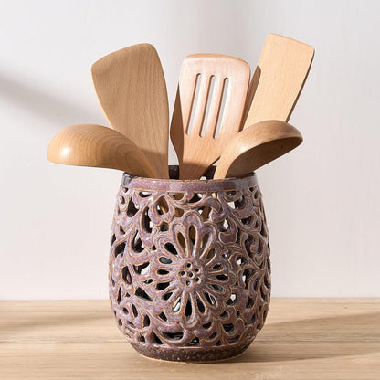 Farmhouse Kitchen Utensil Holder for Countertop, Ceramic Large Cooking Utensil Crock with Cork Mat, Decorative Rustic Utensil Holder for Kitchen Counter, Hollow Carving Flower, Blue