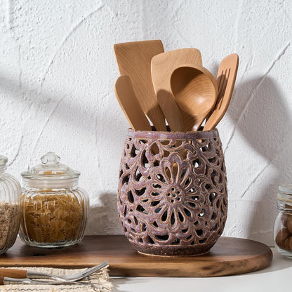 Farmhouse Kitchen Utensil Holder for Countertop, Ceramic Large Cooking Utensil Crock with Cork Mat, Decorative Rustic Utensil Holder for Kitchen Counter, Hollow Carving Flower, Blue