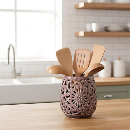 Farmhouse Kitchen Utensil Holder for Countertop, Ceramic Large Cooking Utensil Crock with Cork Mat, Decorative Rustic Utensil Holder for Kitchen Counter, Hollow Carving Flower, Blue