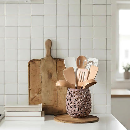 Farmhouse Kitchen Utensil Holder for Countertop, Ceramic Large Cooking Utensil Crock with Cork Mat, Decorative Rustic Utensil Holder for Kitchen Counter, Hollow Carving Flower, Blue