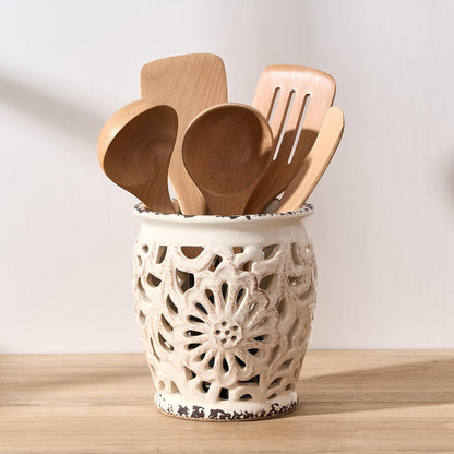 Farmhouse Kitchen Utensil Holder for Countertop, Ceramic Large Cooking Utensil Crock with Cork Mat, Decorative Rustic Utensil Holder for Kitchen Counter, Hollow Carving Flower, Blue