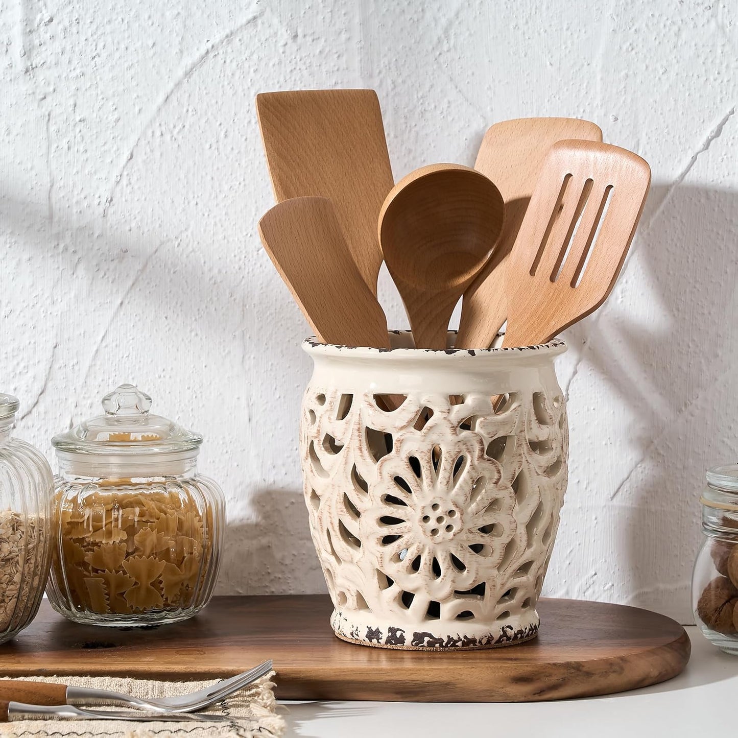 Farmhouse Kitchen Utensil Holder for Countertop, Ceramic Large Cooking Utensil Crock with Cork Mat, Decorative Rustic Utensil Holder for Kitchen Counter, Hollow Carving Flower, Blue