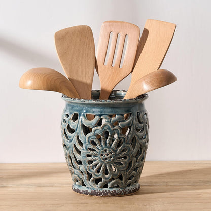 Farmhouse Kitchen Utensil Holder for Countertop, Ceramic Large Cooking Utensil Crock with Cork Mat, Decorative Rustic Utensil Holder for Kitchen Counter, Hollow Carving Flower, Blue