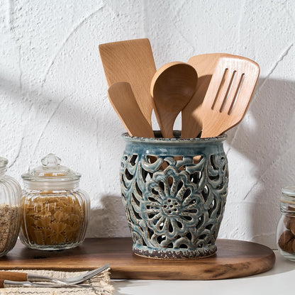 Farmhouse Kitchen Utensil Holder for Countertop, Ceramic Large Cooking Utensil Crock with Cork Mat, Decorative Rustic Utensil Holder for Kitchen Counter, Hollow Carving Flower, Blue