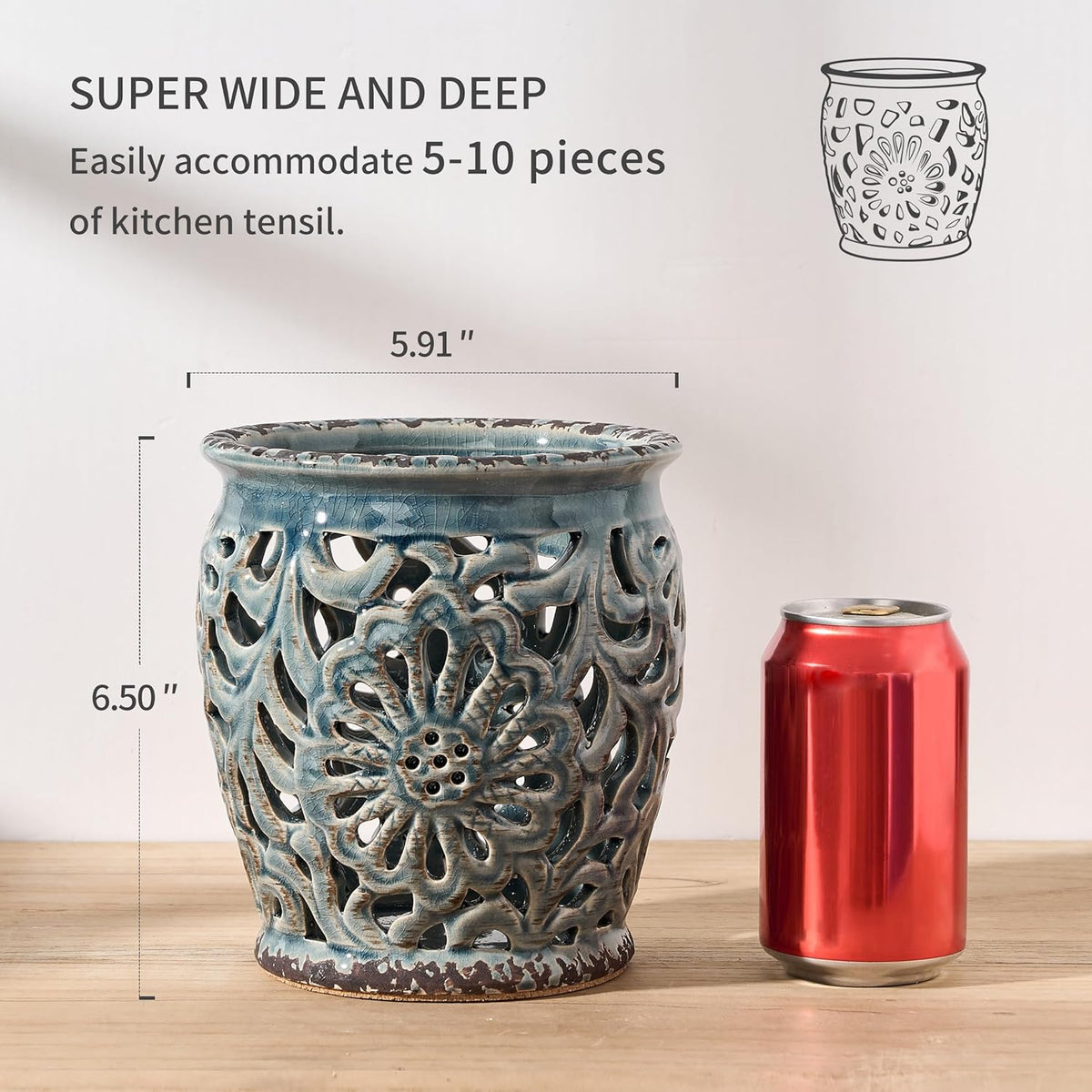 Farmhouse Kitchen Utensil Holder for Countertop, Ceramic Large Cooking Utensil Crock with Cork Mat, Decorative Rustic Utensil Holder for Kitchen Counter, Hollow Carving Flower, Blue