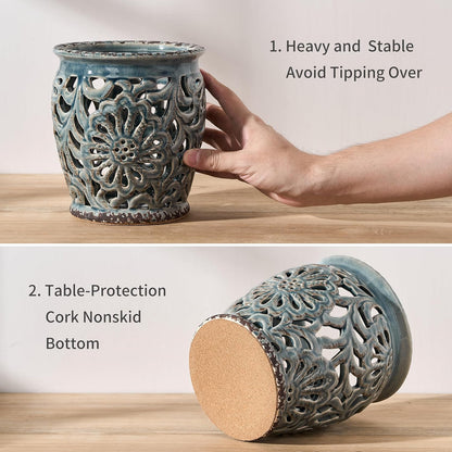 Farmhouse Kitchen Utensil Holder for Countertop, Ceramic Large Cooking Utensil Crock with Cork Mat, Decorative Rustic Utensil Holder for Kitchen Counter, Hollow Carving Flower, Blue
