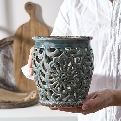 Farmhouse Kitchen Utensil Holder for Countertop, Ceramic Large Cooking Utensil Crock with Cork Mat, Decorative Rustic Utensil Holder for Kitchen Counter, Hollow Carving Flower, Blue