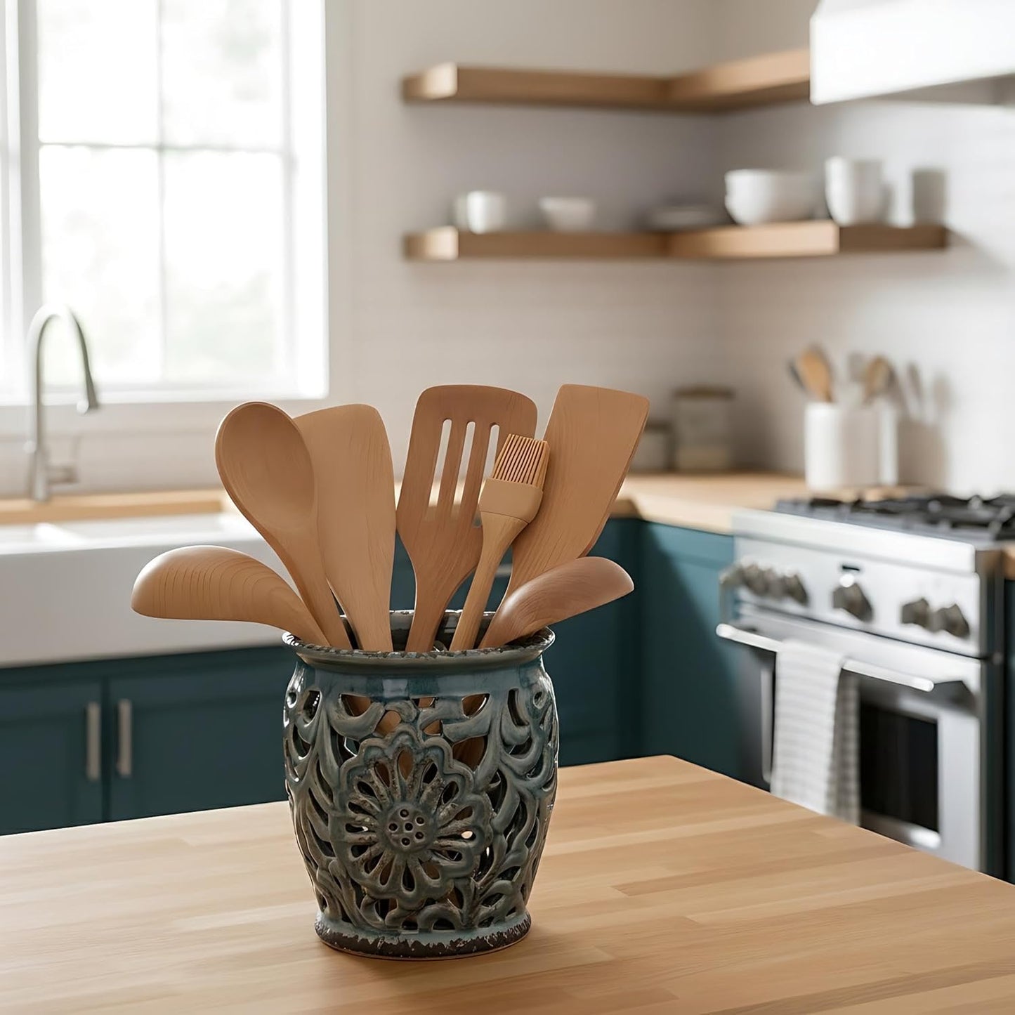 Farmhouse Kitchen Utensil Holder for Countertop, Ceramic Large Cooking Utensil Crock with Cork Mat, Decorative Rustic Utensil Holder for Kitchen Counter, Hollow Carving Flower, Blue