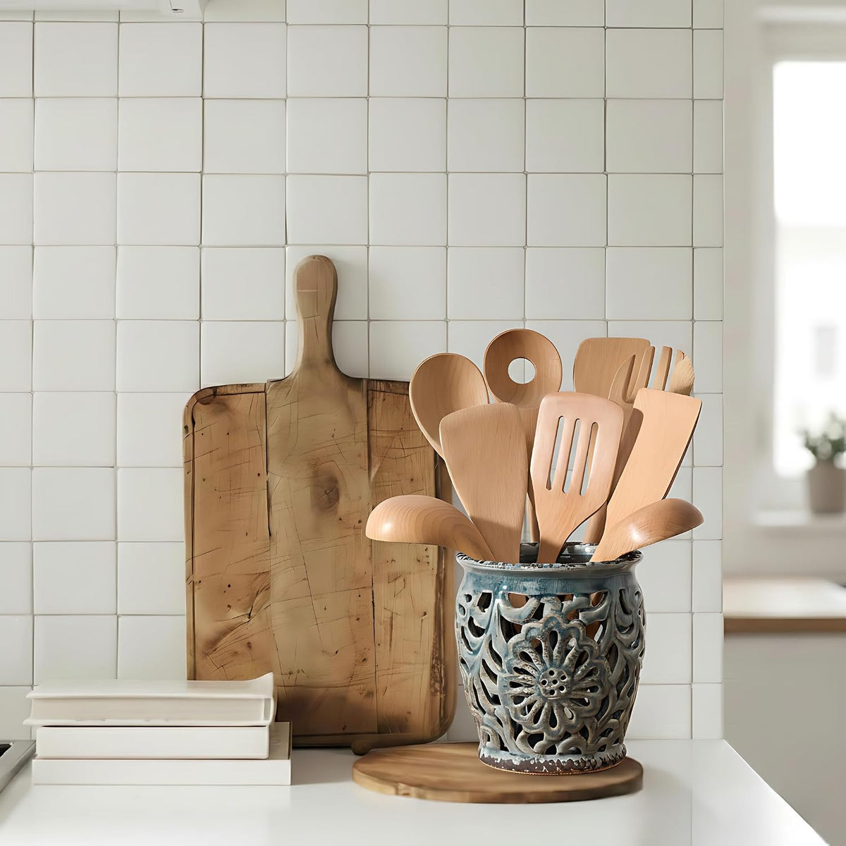 Farmhouse Kitchen Utensil Holder for Countertop, Ceramic Large Cooking Utensil Crock with Cork Mat, Decorative Rustic Utensil Holder for Kitchen Counter, Hollow Carving Flower, Blue