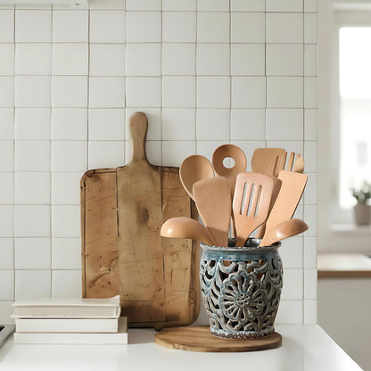 Farmhouse Kitchen Utensil Holder for Countertop, Ceramic Large Cooking Utensil Crock with Cork Mat, Decorative Rustic Utensil Holder for Kitchen Counter, Hollow Carving Flower, Blue