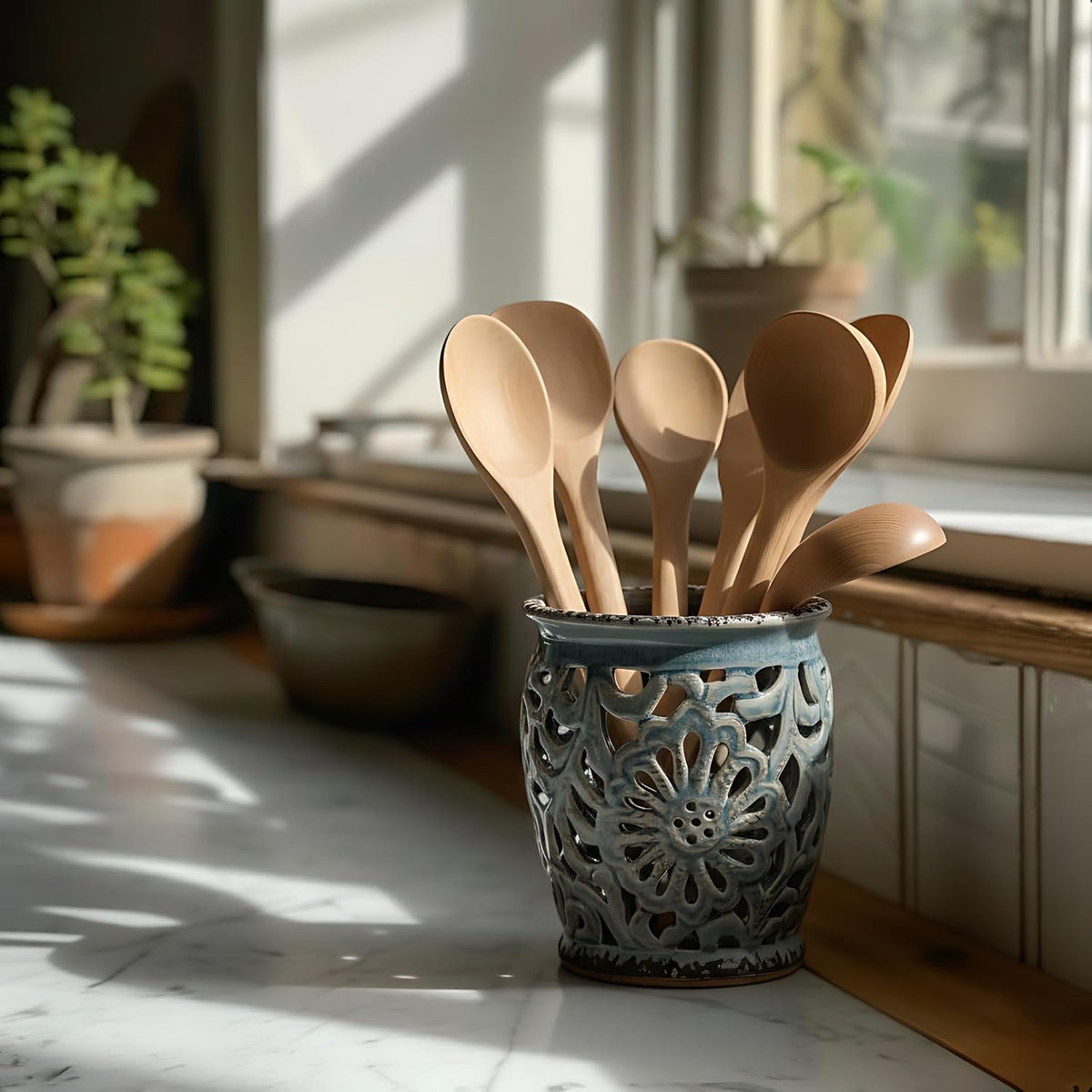 Farmhouse Kitchen Utensil Holder for Countertop, Ceramic Large Cooking Utensil Crock with Cork Mat, Decorative Rustic Utensil Holder for Kitchen Counter, Hollow Carving Flower, Blue