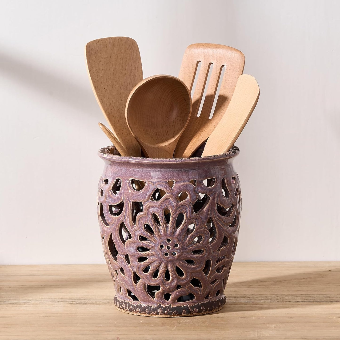 Farmhouse Kitchen Utensil Holder for Countertop, Ceramic Large Cooking Utensil Crock with Cork Mat, Decorative Rustic Utensil Holder for Kitchen Counter, Hollow Carving Flower, Blue