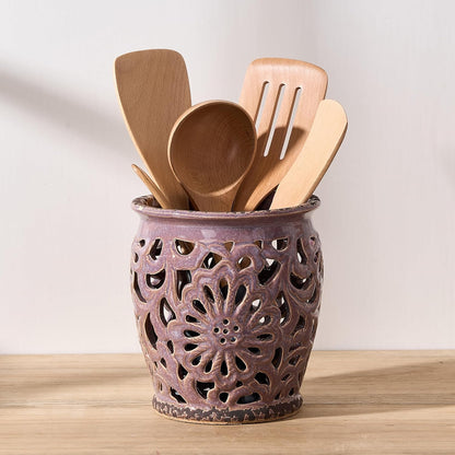 Farmhouse Kitchen Utensil Holder for Countertop, Ceramic Large Cooking Utensil Crock with Cork Mat, Decorative Rustic Utensil Holder for Kitchen Counter, Hollow Carving Flower, Blue