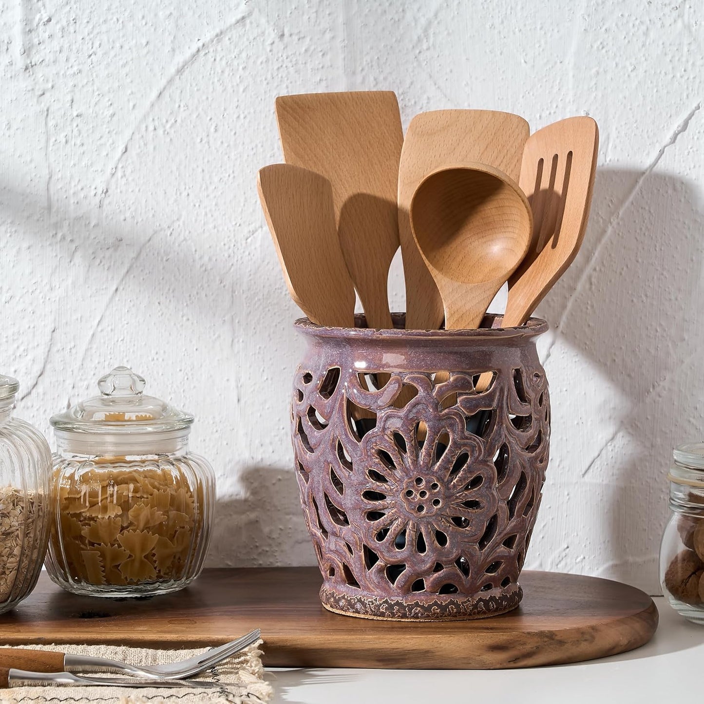 Farmhouse Kitchen Utensil Holder for Countertop, Ceramic Large Cooking Utensil Crock with Cork Mat, Decorative Rustic Utensil Holder for Kitchen Counter, Hollow Carving Flower, Blue