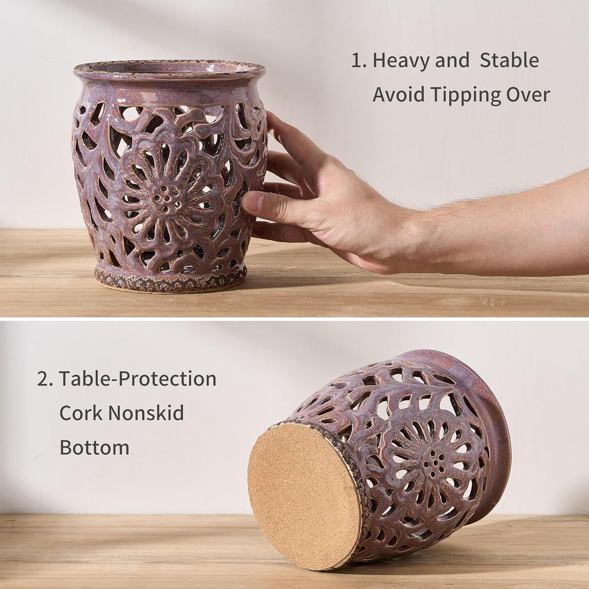 Farmhouse Kitchen Utensil Holder for Countertop, Ceramic Large Cooking Utensil Crock with Cork Mat, Decorative Rustic Utensil Holder for Kitchen Counter, Hollow Carving Flower, Blue