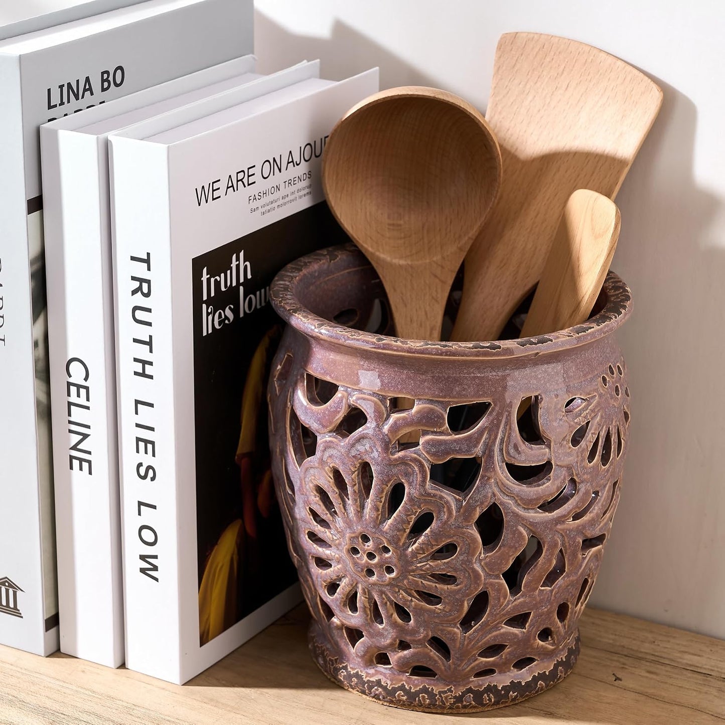 Farmhouse Kitchen Utensil Holder for Countertop, Ceramic Large Cooking Utensil Crock with Cork Mat, Decorative Rustic Utensil Holder for Kitchen Counter, Hollow Carving Flower, Blue