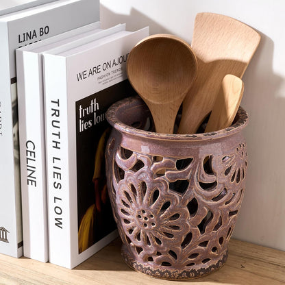 Farmhouse Kitchen Utensil Holder for Countertop, Ceramic Large Cooking Utensil Crock with Cork Mat, Decorative Rustic Utensil Holder for Kitchen Counter, Hollow Carving Flower, Blue