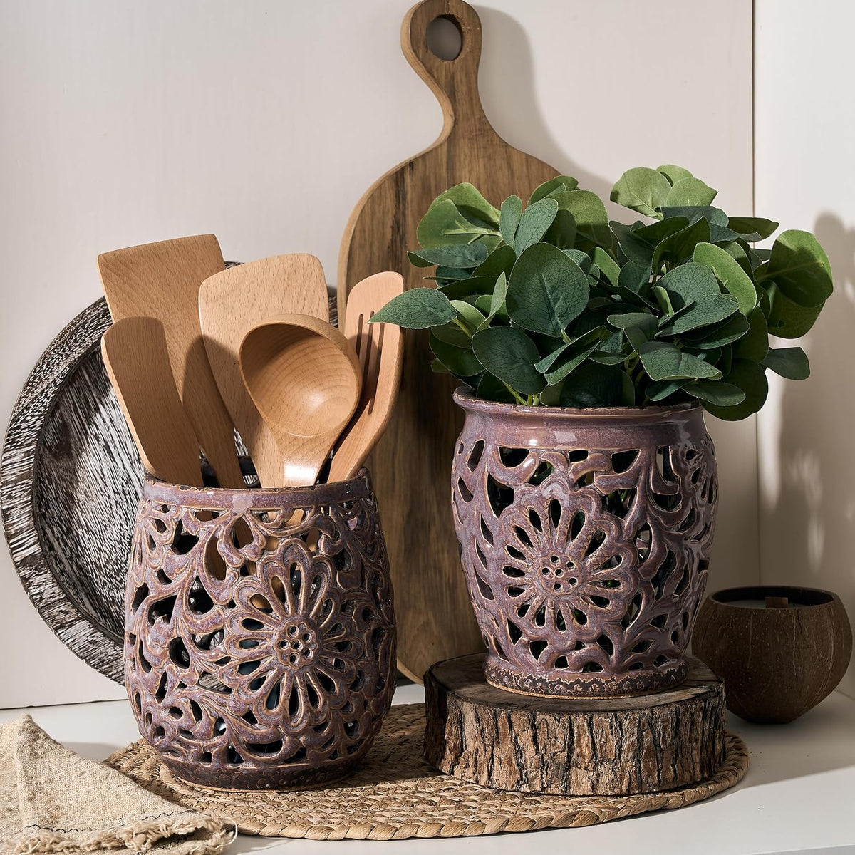 Farmhouse Kitchen Utensil Holder for Countertop, Ceramic Large Cooking Utensil Crock with Cork Mat, Decorative Rustic Utensil Holder for Kitchen Counter, Hollow Carving Flower, Blue